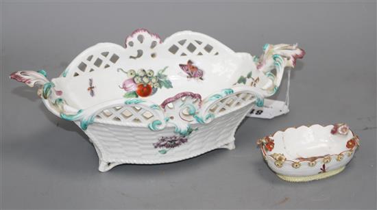 A Chelsea brown anchor butterfly and fruit basket, c. 1758-60, and a Chelsea red anchor bird and insect small basket, c.1756, W. 28